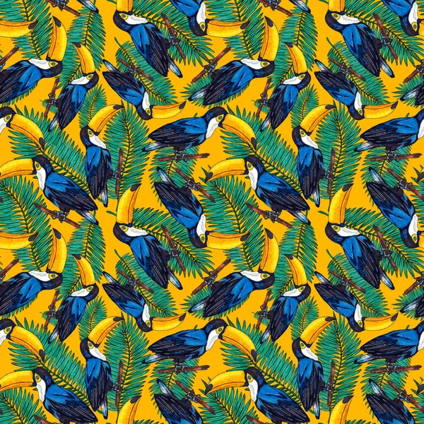 Watercolor Seamless Pattern Toucan Exotic Botanical Jungle Wallpaper Tropical Bird — Stock Photo, Image