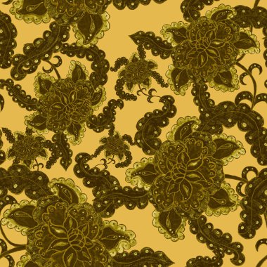 Suluboya desensiz, folky çiçekli ve yapraklı, etnik tarzda. Çiçek süsleme. Geleneksel şal deseni. Tekstil tasarım dokusu. Kabilesel etnik klasik dikişsiz model..