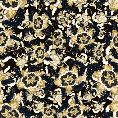 Suluboya desensiz, folky çiçekli ve yapraklı, etnik tarzda. Çiçek süsleme. Geleneksel şal deseni. Tekstil tasarım dokusu. Kabilesel etnik klasik dikişsiz model..