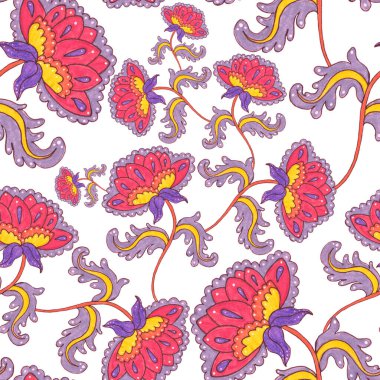 Suluboya desensiz, folky çiçekli ve yapraklı, etnik tarzda. Çiçek süsleme. Geleneksel şal deseni. Tekstil tasarım dokusu. Kabilesel etnik klasik dikişsiz model..