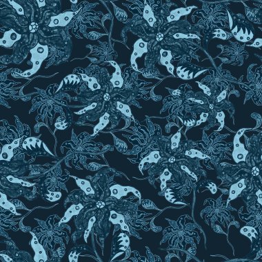 Suluboya desensiz, folky çiçekli ve yapraklı, etnik tarzda. Çiçek süsleme. Geleneksel şal deseni. Tekstil tasarım dokusu. Kabilesel etnik klasik dikişsiz model..