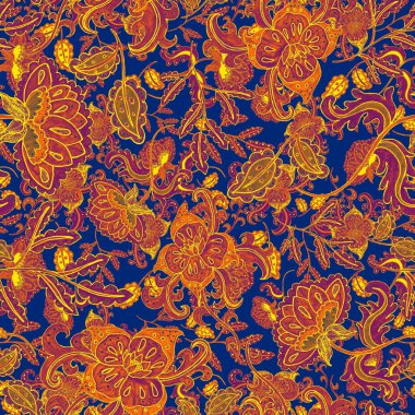 Suluboya desensiz, folky çiçekli ve yapraklı, etnik tarzda. Çiçek süsleme. Geleneksel şal deseni. Tekstil tasarım dokusu. Kabilesel etnik klasik dikişsiz model..