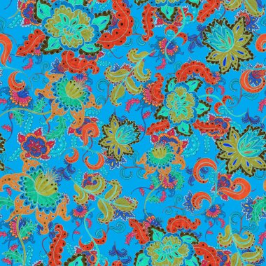 Suluboya desensiz, folky çiçekli ve yapraklı, etnik tarzda. Çiçek süsleme. Geleneksel şal deseni. Tekstil tasarım dokusu. Kabilesel etnik klasik dikişsiz model..