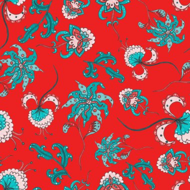 Suluboya desensiz, folky çiçekli ve yapraklı, etnik tarzda. Çiçek süsleme. Geleneksel şal deseni. Tekstil tasarım dokusu. Kabilesel etnik klasik dikişsiz model..