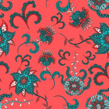 Suluboya desensiz, folky çiçekli ve yapraklı, etnik tarzda. Çiçek süsleme. Geleneksel şal deseni. Tekstil tasarım dokusu. Kabilesel etnik klasik dikişsiz model..