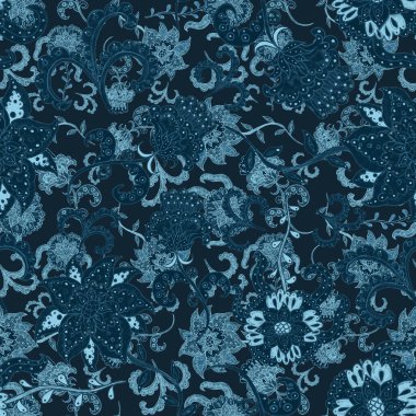 Suluboya desensiz, folky çiçekli ve yapraklı, etnik tarzda. Çiçek süsleme. Geleneksel şal deseni. Tekstil tasarım dokusu. Kabilesel etnik klasik dikişsiz model..