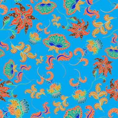 Suluboya desensiz, folky çiçekli ve yapraklı, etnik tarzda. Çiçek süsleme. Geleneksel şal deseni. Tekstil tasarım dokusu. Kabilesel etnik klasik dikişsiz model..