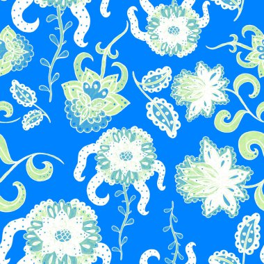 Suluboya desensiz, folky çiçekli ve yapraklı, etnik tarzda. Çiçek süsleme. Geleneksel şal deseni. Tekstil tasarım dokusu. Kabilesel etnik klasik dikişsiz model..