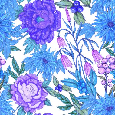 Çiçek buketli suluboya desenli. Klasik botanik çizimi. Her türlü tasarım için zarif bir dekorasyon. Renkli ve soyut çiçekli moda baskısı. Suluboya dokusu.