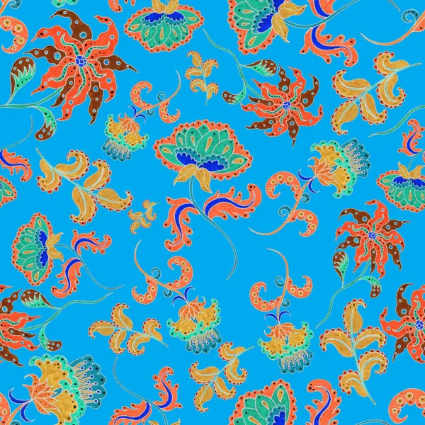 Suluboya desensiz, folky çiçekli ve yapraklı, etnik tarzda. Çiçek süsleme. Geleneksel şal deseni. Tekstil tasarım dokusu. Kabilesel etnik klasik dikişsiz model..