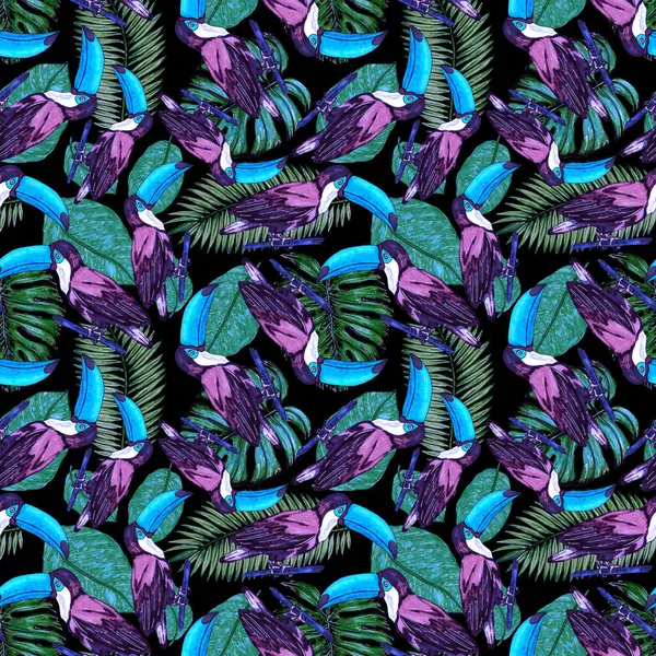 Watercolor Seamless Pattern Toucan Exotic Botanical Jungle Wallpaper Tropical Bird — Stock Photo, Image