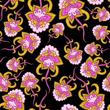 Suluboya desensiz, folky çiçekli ve yapraklı, etnik tarzda. Çiçek süsleme. Geleneksel şal deseni. Tekstil tasarım dokusu. Kabilesel etnik klasik dikişsiz model..