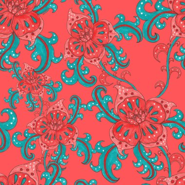 Suluboya desensiz, folky çiçekli ve yapraklı, etnik tarzda. Çiçek süsleme. Geleneksel şal deseni. Tekstil tasarım dokusu. Kabilesel etnik klasik dikişsiz model..