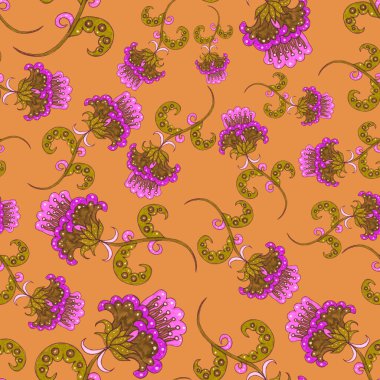 Suluboya desensiz, folky çiçekli ve yapraklı, etnik tarzda. Çiçek süsleme. Geleneksel şal deseni. Tekstil tasarım dokusu. Kabilesel etnik klasik dikişsiz model..