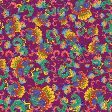 Suluboya desensiz, folky çiçekli ve yapraklı, etnik tarzda. Çiçek süsleme. Geleneksel şal deseni. Tekstil tasarım dokusu. Kabilesel etnik klasik dikişsiz model..