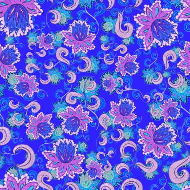 Suluboya desensiz, folky çiçekli ve yapraklı, etnik tarzda. Çiçek süsleme. Geleneksel şal deseni. Tekstil tasarım dokusu. Kabilesel etnik klasik dikişsiz model..