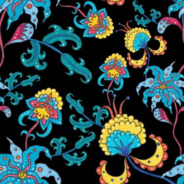 Suluboya desensiz, folky çiçekli ve yapraklı, etnik tarzda. Çiçek süsleme. Geleneksel şal deseni. Tekstil tasarım dokusu. Kabilesel etnik klasik dikişsiz model..