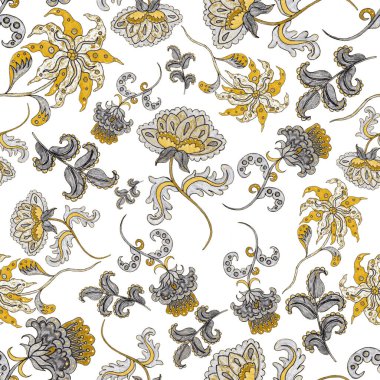 Suluboya desensiz, folky çiçekli ve yapraklı, etnik tarzda. Çiçek süsleme. Geleneksel şal deseni. Tekstil tasarım dokusu. Kabilesel etnik klasik dikişsiz model..