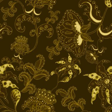 Suluboya desensiz, folky çiçekli ve yapraklı, etnik tarzda. Çiçek süsleme. Geleneksel şal deseni. Tekstil tasarım dokusu. Kabilesel etnik klasik dikişsiz model..