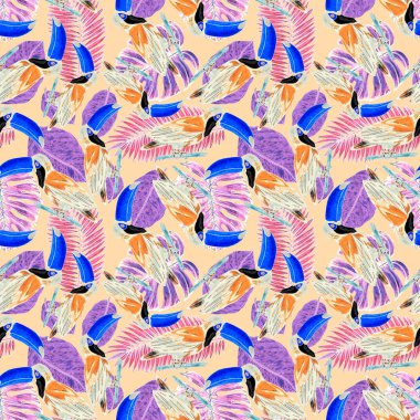 Tukanla dikişsiz suluboya desen. Tropik kuşlu ve yapraklı egzotik botanik orman duvar kağıdı. Parlak yaz şablonu geçmişi.