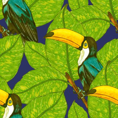 Tukanla dikişsiz suluboya desen. Tropik kuşlu ve yapraklı egzotik botanik orman duvar kağıdı. Parlak yaz şablonu geçmişi.