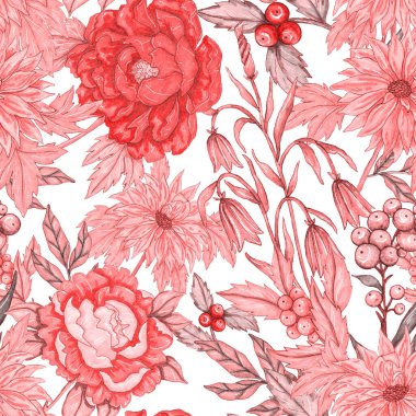 Çiçek buketli suluboya desenli. Klasik botanik çizimi. Her türlü tasarım için zarif bir dekorasyon. Renkli ve soyut çiçekli moda baskısı. Suluboya dokusu.