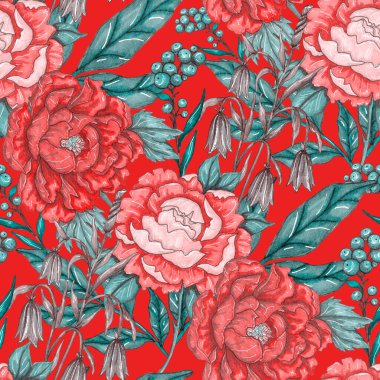 Çiçek buketli suluboya desenli. Klasik botanik çizimi. Her türlü tasarım için zarif bir dekorasyon. Renkli ve soyut çiçekli moda baskısı. Suluboya dokusu.