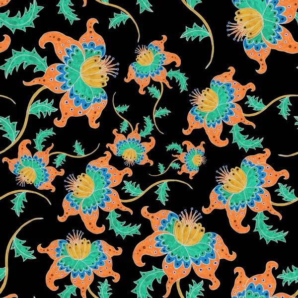 Watercolor Seamless Pattern Folky Flowers Leaves Ethnic Style Floral Decoration — Stock Photo, Image