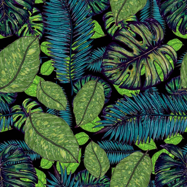 Akvarel Bezešvný Vzor Tropickými Listy Krásný Allover Tisk Ručně Kreslenými — Stock fotografie
