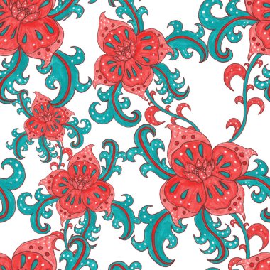 Suluboya desensiz, folky çiçekli ve yapraklı, etnik tarzda. Çiçek süsleme. Geleneksel şal deseni. Tekstil tasarım dokusu. Kabilesel etnik klasik dikişsiz model..