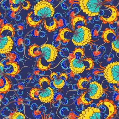 Suluboya desensiz, folky çiçekli ve yapraklı, etnik tarzda. Çiçek süsleme. Geleneksel şal deseni. Tekstil tasarım dokusu. Kabilesel etnik klasik dikişsiz model..