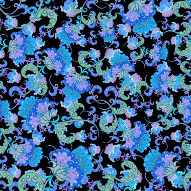 Suluboya desensiz, folky çiçekli ve yapraklı, etnik tarzda. Çiçek süsleme. Geleneksel şal deseni. Tekstil tasarım dokusu. Kabilesel etnik klasik dikişsiz model..