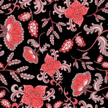 Suluboya desensiz, folky çiçekli ve yapraklı, etnik tarzda. Çiçek süsleme. Geleneksel şal deseni. Tekstil tasarım dokusu. Kabilesel etnik klasik dikişsiz model..