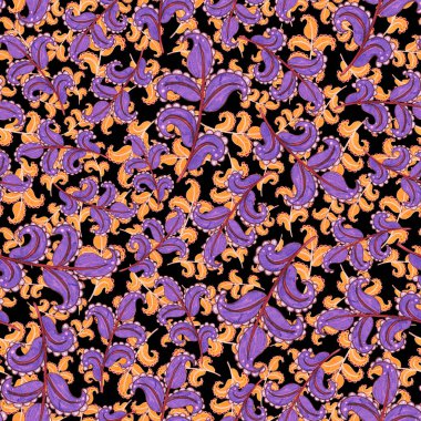 Suluboya desensiz, folky çiçekli ve yapraklı, etnik tarzda. Çiçek süsleme. Geleneksel şal deseni. Tekstil tasarım dokusu. Kabilesel etnik klasik dikişsiz model..