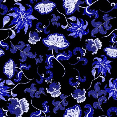 Suluboya desensiz, folky çiçekli ve yapraklı, etnik tarzda. Çiçek süsleme. Geleneksel şal deseni. Tekstil tasarım dokusu. Kabilesel etnik klasik dikişsiz model..