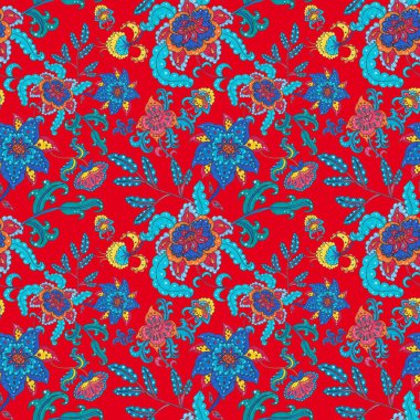 Suluboya desensiz, folky çiçekli ve yapraklı, etnik tarzda. Çiçek süsleme. Geleneksel şal deseni. Tekstil tasarım dokusu. Kabilesel etnik klasik dikişsiz model..