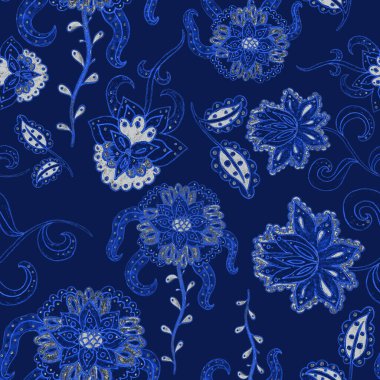 Suluboya desensiz, folky çiçekli ve yapraklı, etnik tarzda. Çiçek süsleme. Geleneksel şal deseni. Tekstil tasarım dokusu. Kabilesel etnik klasik dikişsiz model..