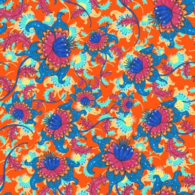 Suluboya desensiz, folky çiçekli ve yapraklı, etnik tarzda. Çiçek süsleme. Geleneksel şal deseni. Tekstil tasarım dokusu. Kabilesel etnik klasik dikişsiz model..