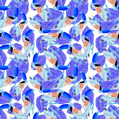 Tukanla dikişsiz suluboya desen. Tropik kuşlu ve yapraklı egzotik botanik orman duvar kağıdı. Parlak yaz şablonu geçmişi.