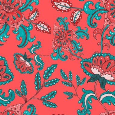 Suluboya desensiz, folky çiçekli ve yapraklı, etnik tarzda. Çiçek süsleme. Geleneksel şal deseni. Tekstil tasarım dokusu. Kabilesel etnik klasik dikişsiz model..