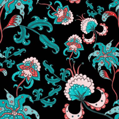 Suluboya desensiz, folky çiçekli ve yapraklı, etnik tarzda. Çiçek süsleme. Geleneksel şal deseni. Tekstil tasarım dokusu. Kabilesel etnik klasik dikişsiz model..