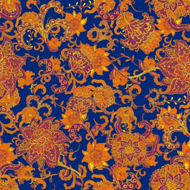 Suluboya desensiz, folky çiçekli ve yapraklı, etnik tarzda. Çiçek süsleme. Geleneksel şal deseni. Tekstil tasarım dokusu. Kabilesel etnik klasik dikişsiz model..