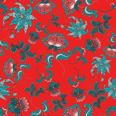 Suluboya desensiz, folky çiçekli ve yapraklı, etnik tarzda. Çiçek süsleme. Geleneksel şal deseni. Tekstil tasarım dokusu. Kabilesel etnik klasik dikişsiz model..