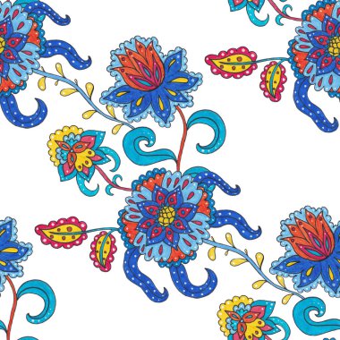 Suluboya desensiz, folky çiçekli ve yapraklı, etnik tarzda. Çiçek süsleme. Geleneksel şal deseni. Tekstil tasarım dokusu. Kabilesel etnik klasik dikişsiz model..