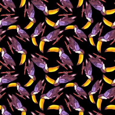 Tukanla dikişsiz suluboya desen. Tropik kuşlu ve yapraklı egzotik botanik orman duvar kağıdı. Parlak yaz şablonu geçmişi.