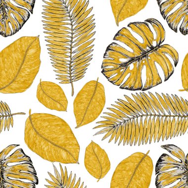 Tropikal yapraklarla suluboya kusursuz desen. Elle çizilmiş egzotik bitkilerle çok güzel bir iz. Mayo botanik tasarımı.