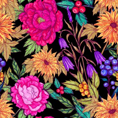 Çiçek buketli suluboya desenli. Klasik botanik çizimi. Her türlü tasarım için zarif bir dekorasyon. Renkli ve soyut çiçekli moda baskısı. Suluboya dokusu.