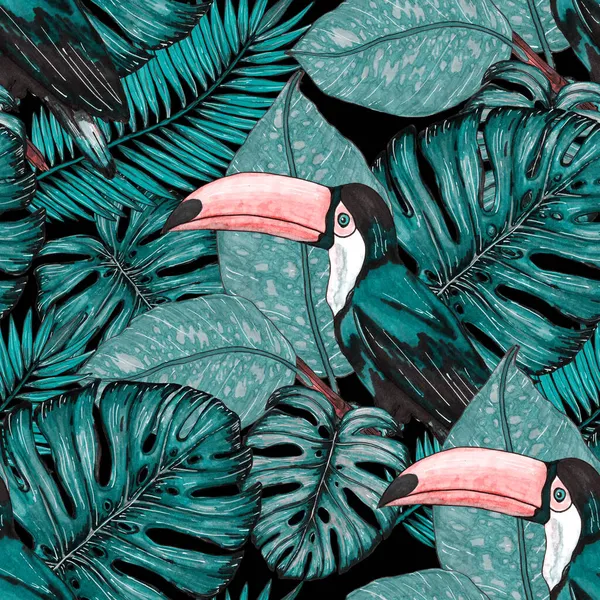 Akvarell Zökkenőmentes Minta Toucan Egzotikus Botanikus Dzsungel Tapéta Trópusi Madár — Stock Fotó