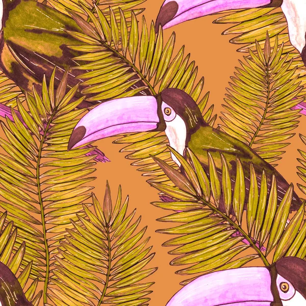 Акварель Бесшовный Узор Туканом Экзотические Ботанические Джунгли Обои Тропической Птицей — стоковое фото