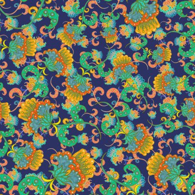 Suluboya desensiz, folky çiçekli ve yapraklı, etnik tarzda. Çiçek süsleme. Geleneksel şal deseni. Tekstil tasarım dokusu. Kabilesel etnik klasik dikişsiz model..